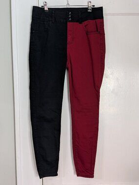 HT Denim Hot Topic HI-Rise Super Skinny Jeans Red Black Split Pattern Size Large
